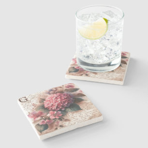 Vintage Floral Hydrangea Script Letter Stone Coaster