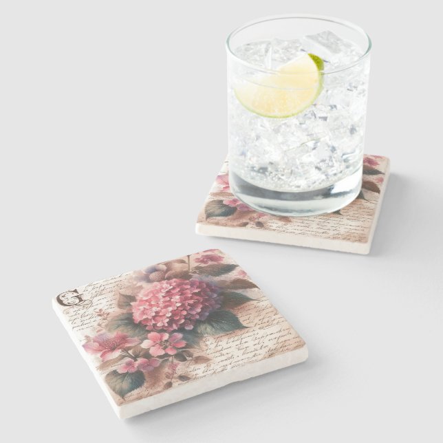 Vintage Floral Hydrangea Script Letter Stone Coaster (Side)