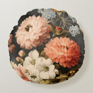 Vintage Floral Illustration with Mixed Blossoms Round Cushion