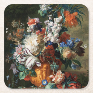 Vintage Floral Jan van Huysum Bouquet of Flowers Square Paper Coaster