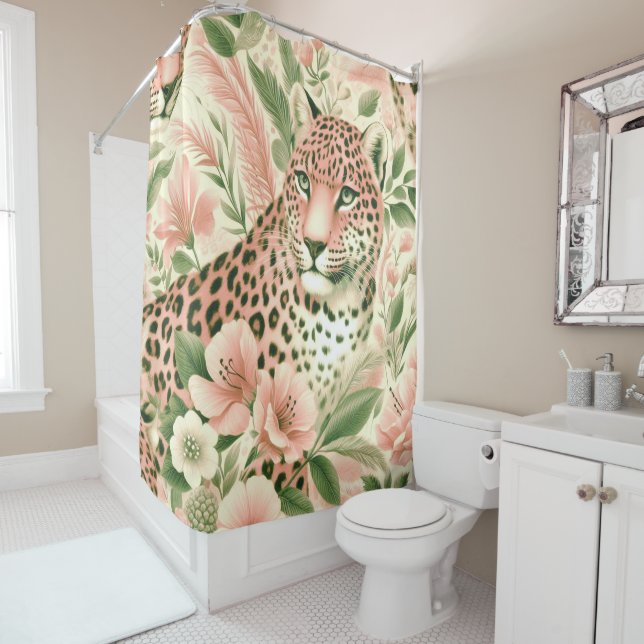 Vintage Floral Jungle Leopard Shower Curtain (In Situ)