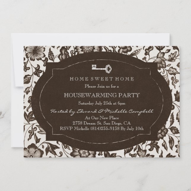 Vintage Floral & Key Housewarming Party Invite (Front)
