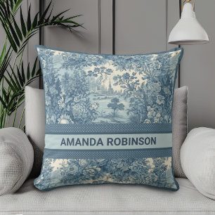 Vintage floral lake Blue toile de jouy monogram Cushion