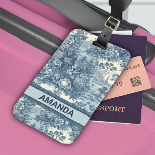 Vintage floral lake Blue toile de jouy monogram Luggage Tag