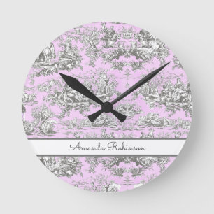 Vintage floral lake pink toile de jouy monogram round clock