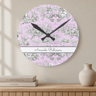 Vintage floral lake pink toile de jouy monogram round clock
