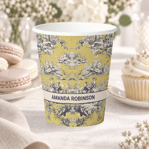 Vintage floral lake yellow toile de jouy monogram paper cups