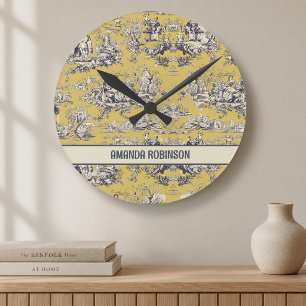 Vintage floral lake yellow toile de jouy monogram round clock