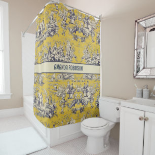 Vintage floral lake yellow toile de jouy monogram shower curtain