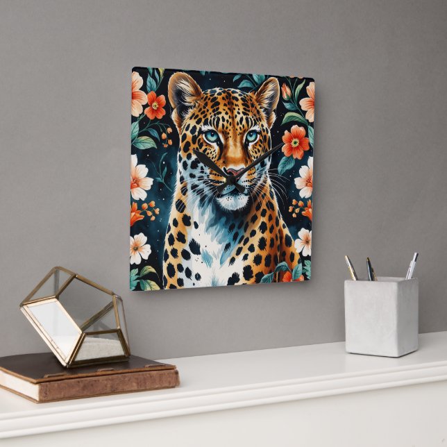 Vintage floral leopard  square wall clock (Office)