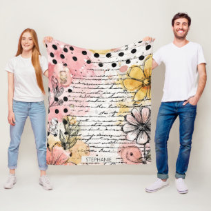 Vintage Floral Letter with Pink & Yellow Flowers Fleece Blanket