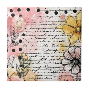 Vintage Floral Letter with Pink & Yellow Flowers Tile