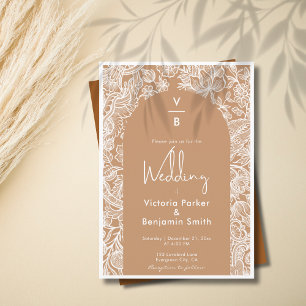 Vintage Floral Line Chic Boho Terracotta Wedding Invitation