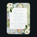 Vintage Floral Map Love Travels Wedding Date Magnet<br><div class="desc">Charming blue and green vintage map with white boho flowers and a romantic "love travels the world" quote on a fridge magnet that works as a destination wedding or travel theme save the date or wedding favor, perfect for a couple who has traveled the world together for work or for...</div>