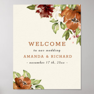 Vintage Floral Maroon Orange Wedding Welcome Sign 
