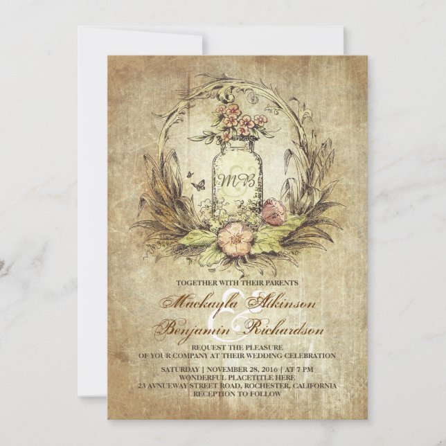 vintage floral mason jar rustic wedding invitation (Front)