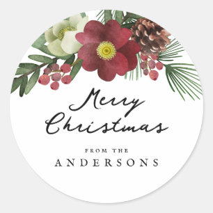 Vintage Floral Merry Christmas Classic Round Sticker