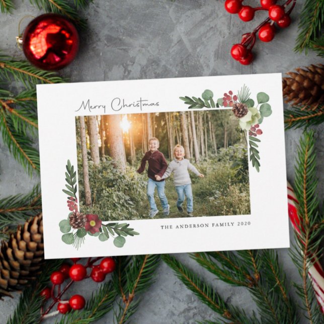 Vintage Floral Merry Christmas Photo Card (Creator Uploaded)