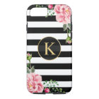 Vintage Floral Monogram Black White Striped