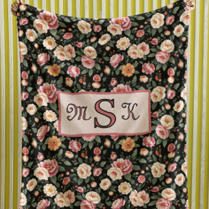 Vintage Floral Monogram Blush Pink Roses Fleece Blanket