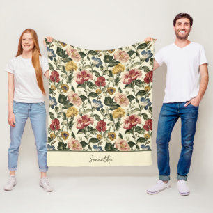 Vintage Floral Monogram Name Fleece Blanket
