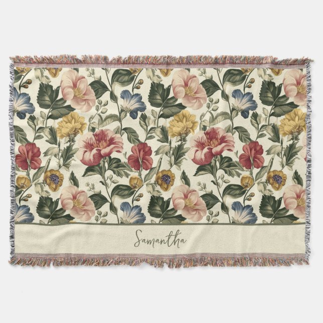 Vintage Floral Monogram Name Throw Blanket (Front)