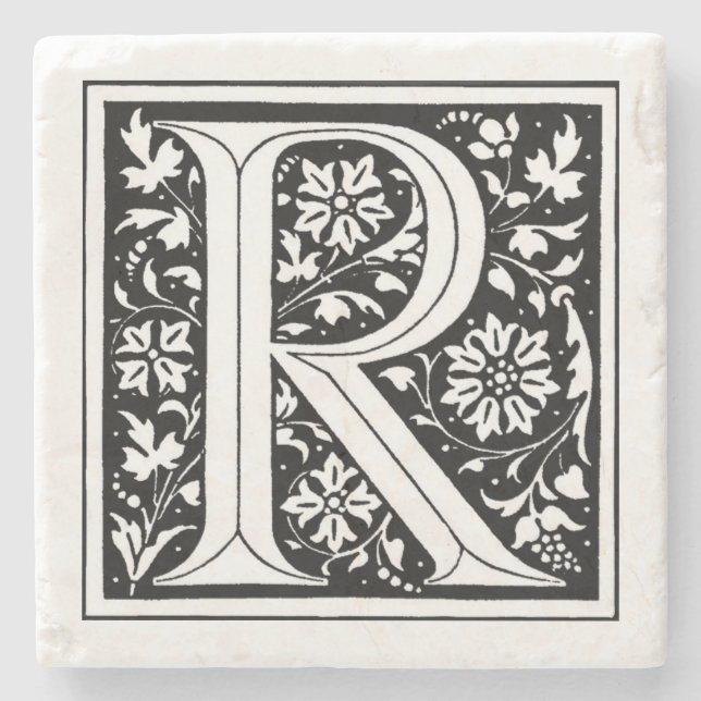 Vintage Floral Monogram ‘R’ Stone Coaster (Front)