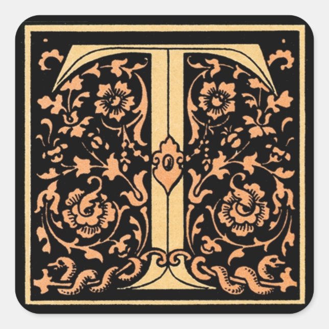 Vintage Floral Monogram ‘T’ Square Sticker (Front)