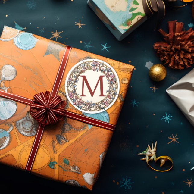 Vintage Floral Monogram Wreath Classic Round Sticker (A monogram label is shown attached to a Christmas gift.)