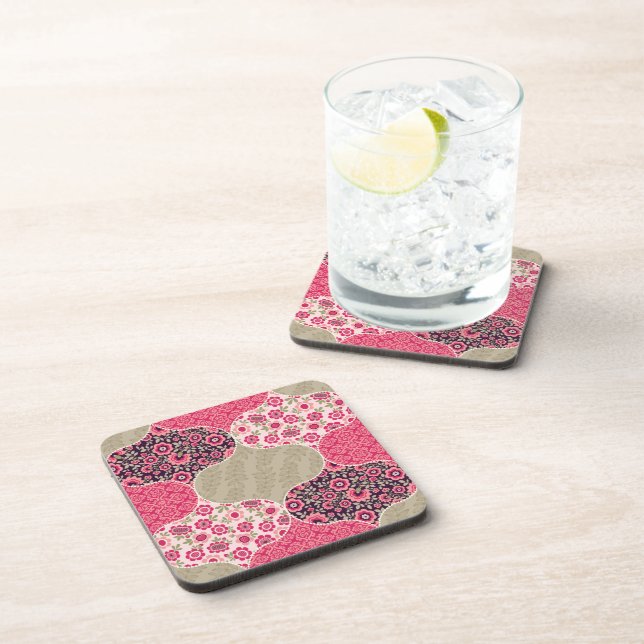 Vintage Floral Moroccan Pattern Pink Coaster (Right Side)