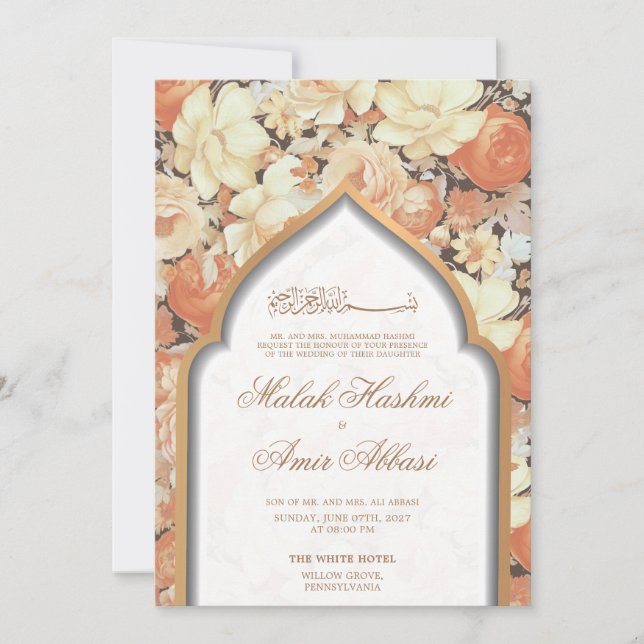 Vintage Floral & Mosque Islamic Muslim Wedding  Invitation (Front)