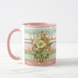 Vintage Floral Mug with Pink Stripes