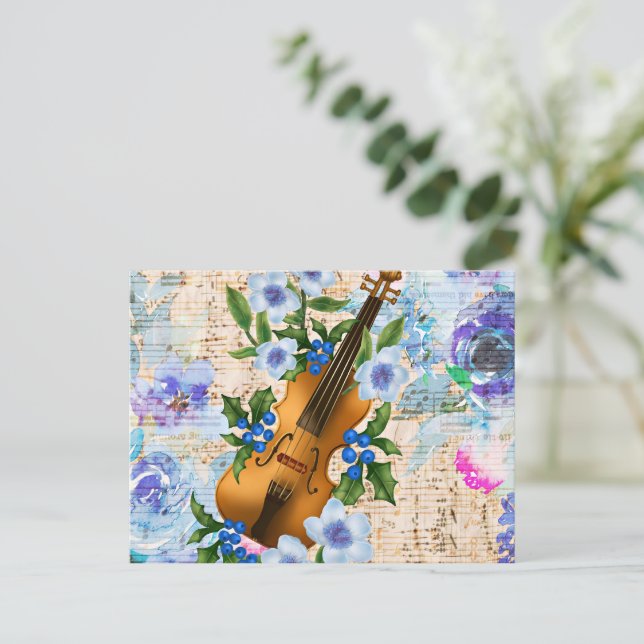 Vintage Floral Music Violin Postcard (Standing Front)