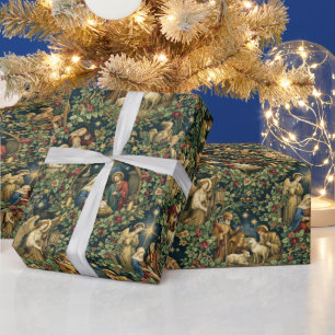 Vintage Floral Nativity on Midnight Blue Wrapping Paper