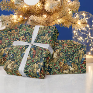 Vintage Floral Nativity on Midnight Blue Wrapping Paper