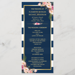 Vintage Floral Navy Blue Striped Wedding Program Programme