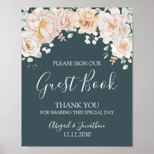 Vintage Floral Navy Blue Wedding Guest Book Sign