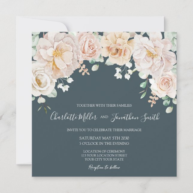 Vintage Floral Navy Blue Wedding Invitations (Front)