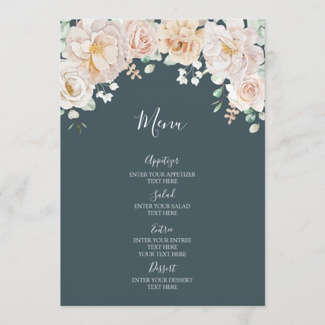 Vintage Floral Navy Blue Wedding Menu (Front)