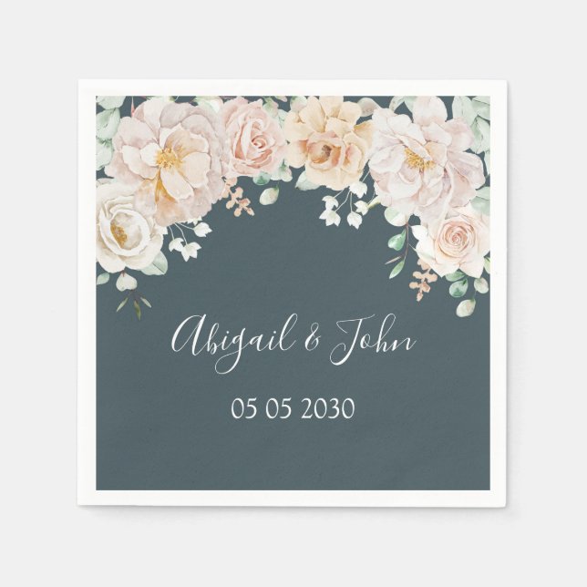 Vintage Floral Navy Blue Wedding Napkin (Front)