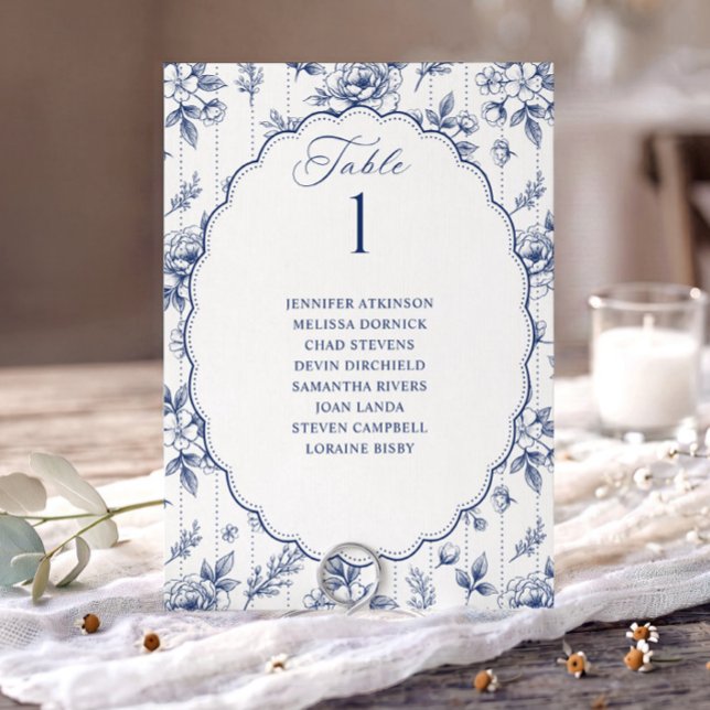 Vintage Floral Navy Blue Wedding Seating Chart (Navy blue French floral wedding seating chart card with oval scalloped frame.)