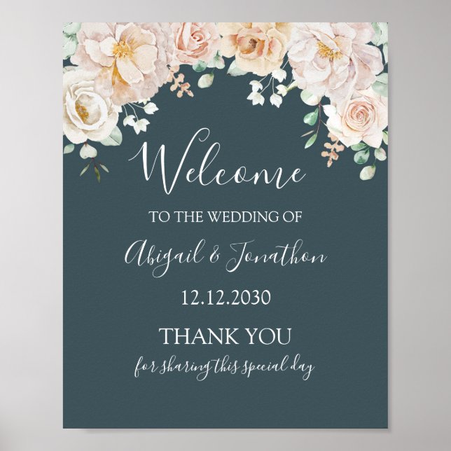 Vintage Floral Navy Blue Wedding Welcome Poster (Front)