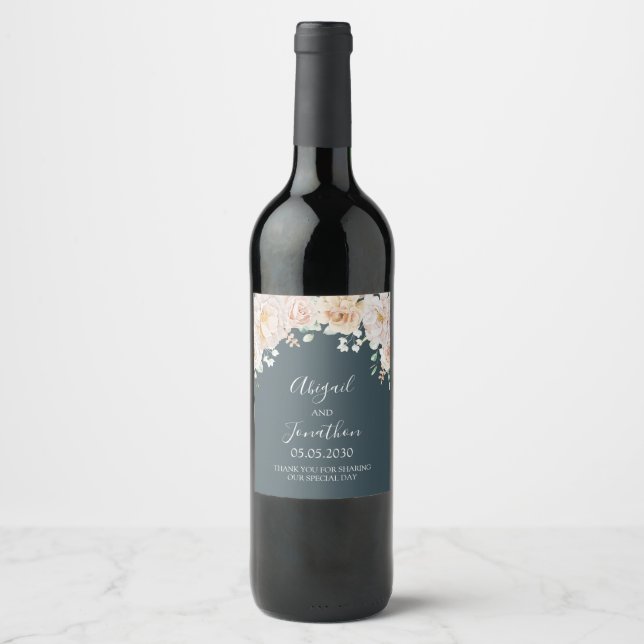 Vintage Floral Navy Blue Wedding Wine Label (Front)