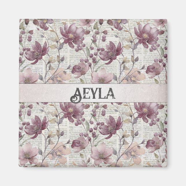 Vintage Floral Newspaper Pattern Magnet (Front)