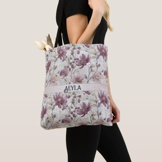 Vintage Floral Newspaper Pattern Tote Bag (Close Up)