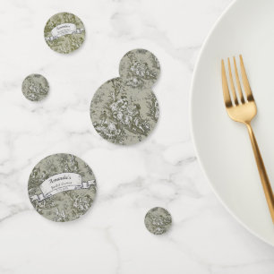 Vintage floral olive green toile de jouy shower confetti