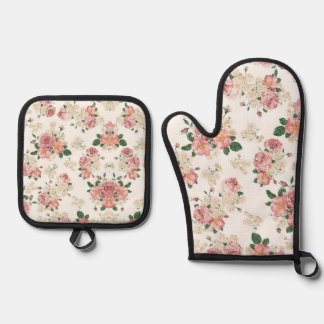 Vintage Floral on White Oven Mitt & Pot Holder Set