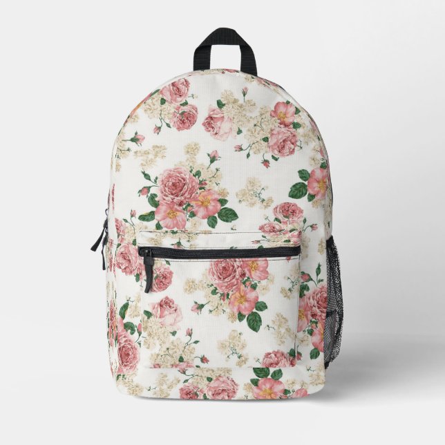 Vintage Floral on White Printed Backpack (Front)