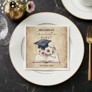 Vintage Floral Open Book Diploma Graduation Party Napkin