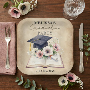 Vintage Floral Open Book Graduation Cap Party Paper Plate
